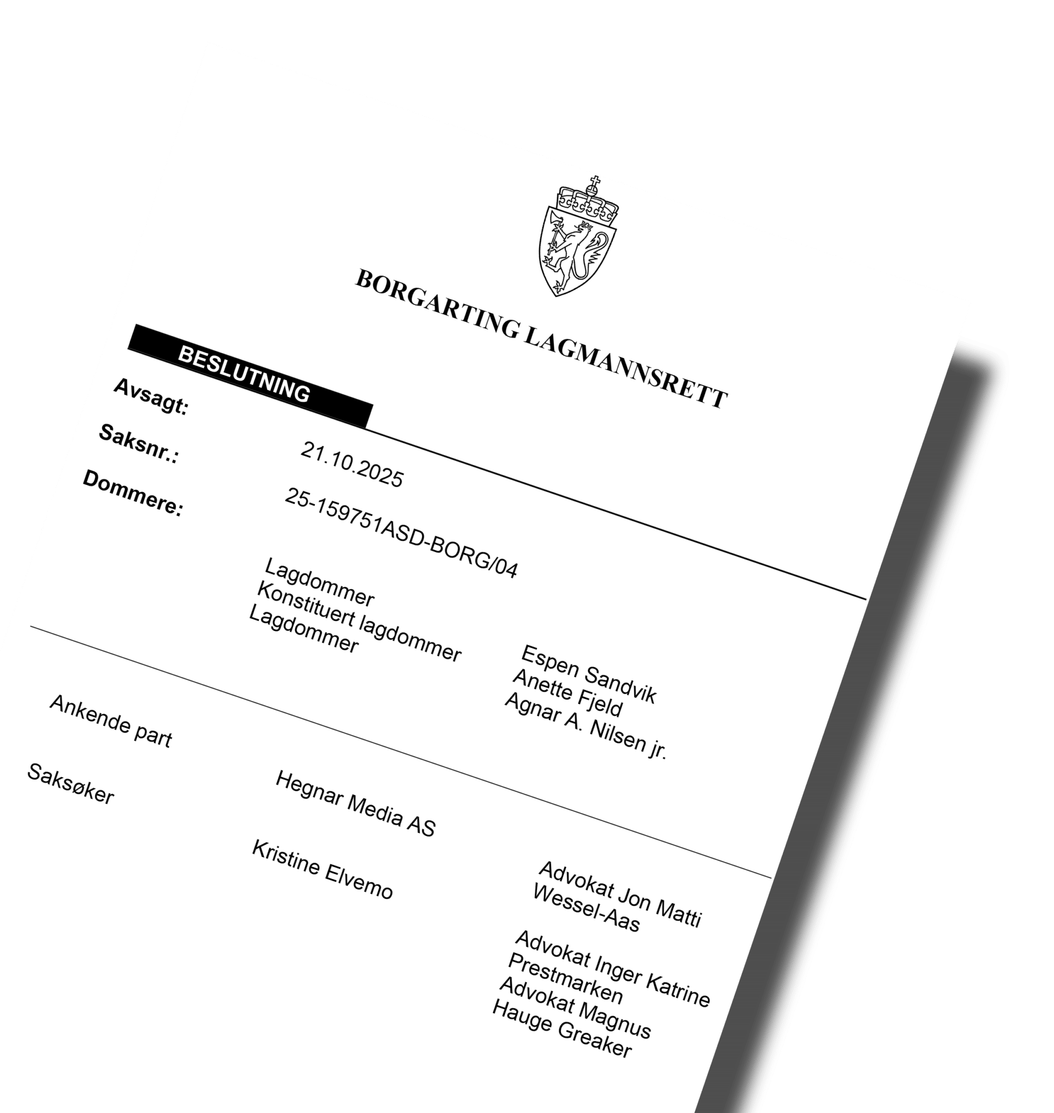 Forside av lagmannsrettens beslutning i Elvemo-saken, avsagt 21. oktober 2025
