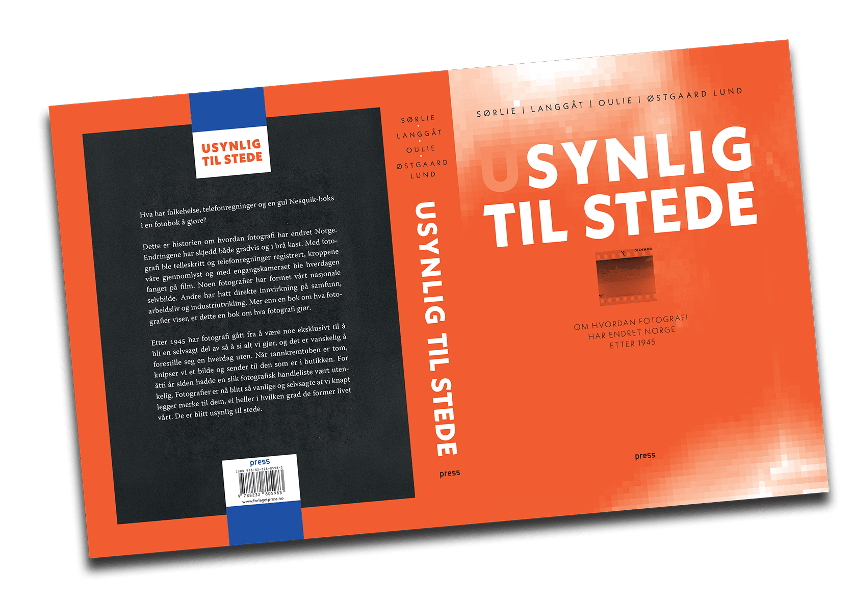 Bokomslag for Usynlig til stede, oransje med hvit typografi og svart bakside.